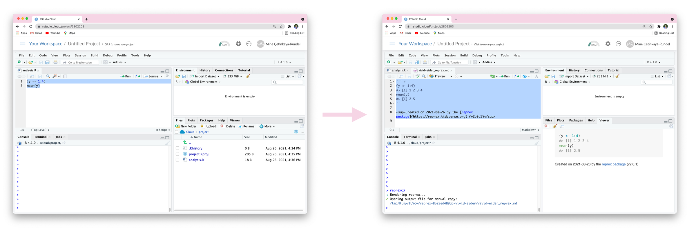 On the left: RStudio Cloud window with an R script with two lines of code highlighted. On the right: Result after running reprex() in the Console, including a new markdown file with the name vivid-eider_reprex.md that includes the code and the resulting output, commented out, and selected, ready to be copy pasted elsewhere. The viewer pane on the bottom right shows the stylized result of the reprex.
