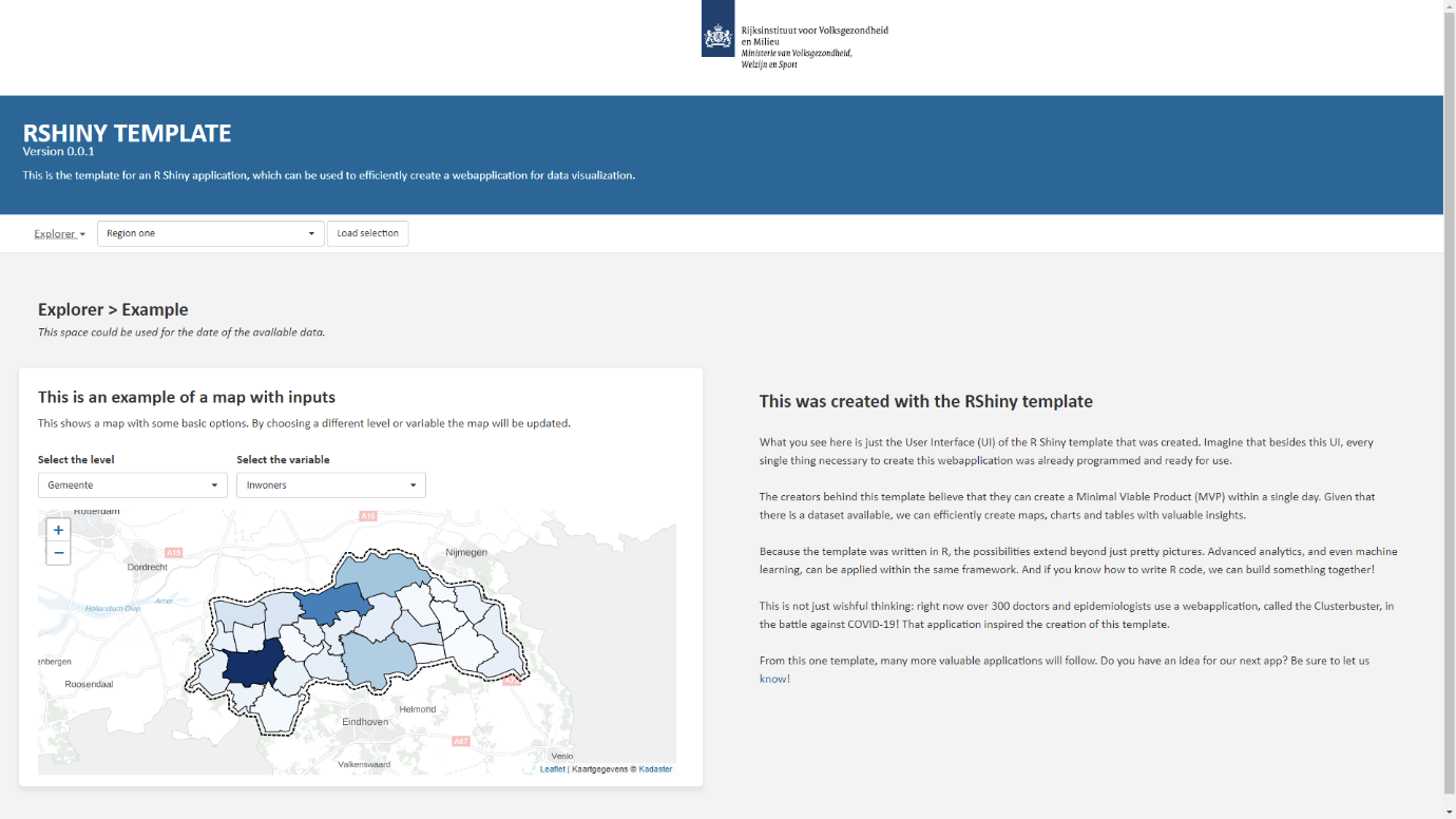 Template of COVID-19 Clusterbuster dashboard with a map on the left and text on the right