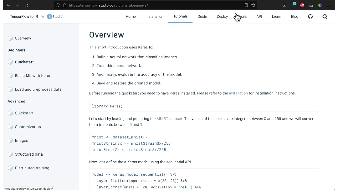 Scrolling through a Tensorflow for R tutorial