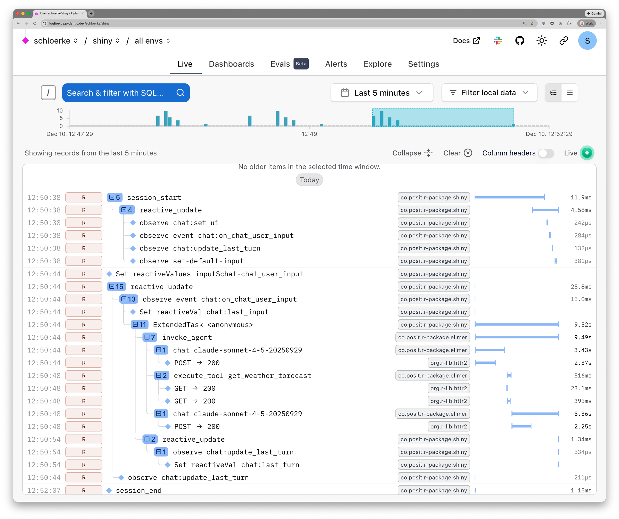 OpenTelemetry trace of chat app with weather tool