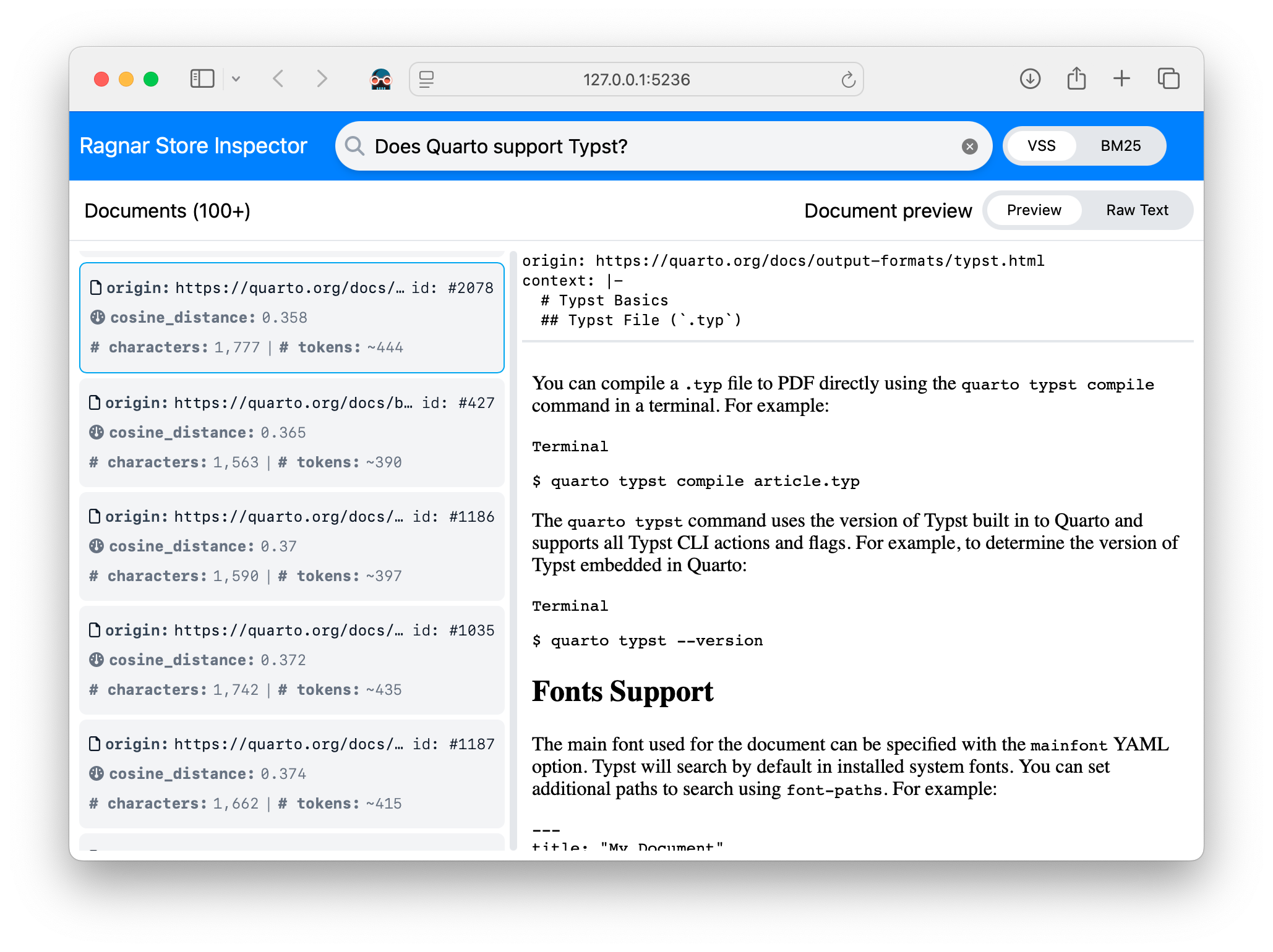 The Store Inspector, showing retrieval results and a document preview.