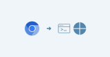 Chromium icon with arrow pointing to a terminal window and Quarto logo, representing the switch from Puppeteer Chromium to Chrome Headless Shell.